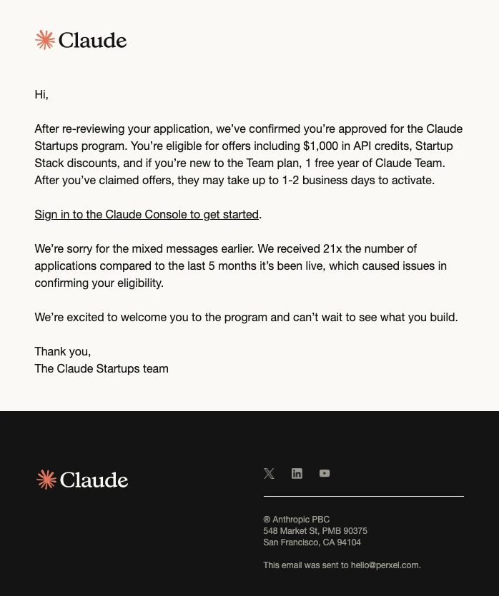 Email từ team Claude Startups xác nhận Perxel được duyệt vào chương trình