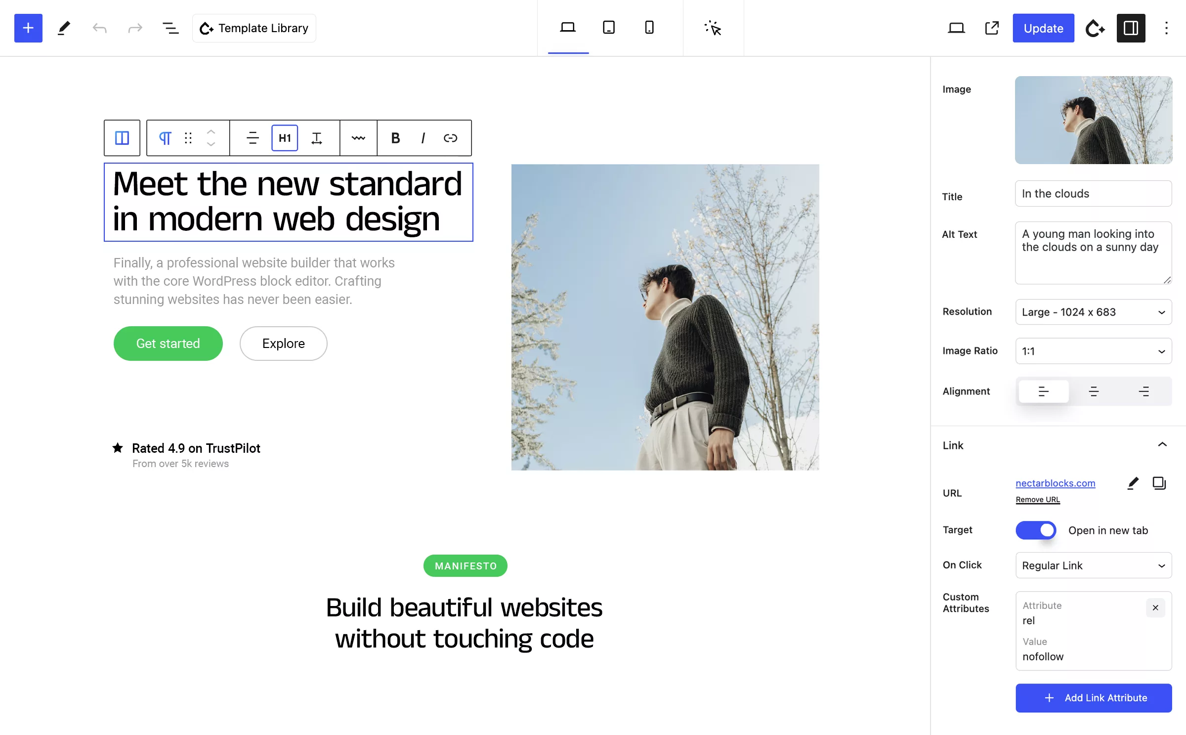 NectarBlocks image block panel with the Alt Text, Resolution, Image Ratio and link attribute fields