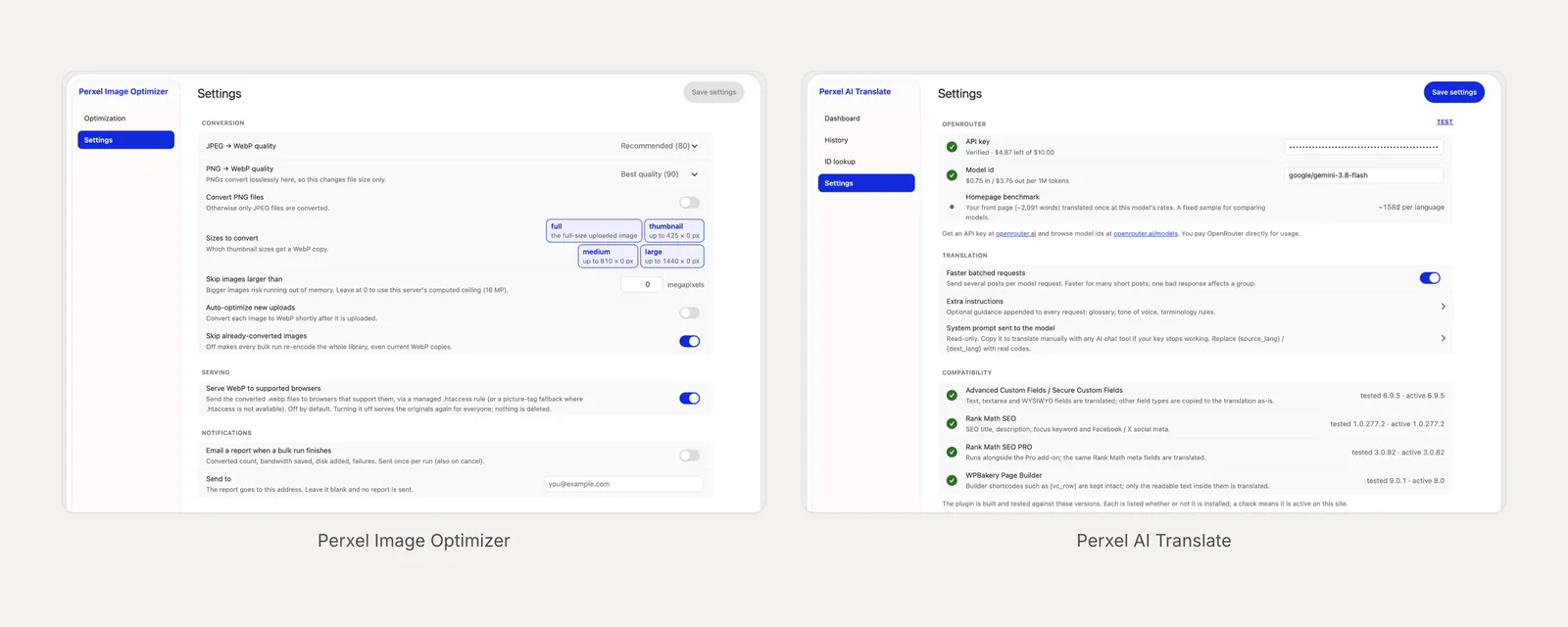 Màn hình Settings của Perxel Image Optimizer và Perxel AI Translate đặt cạnh nhau, cùng sidebar, thanh tiêu đề và danh sách cài đặt theo nhóm