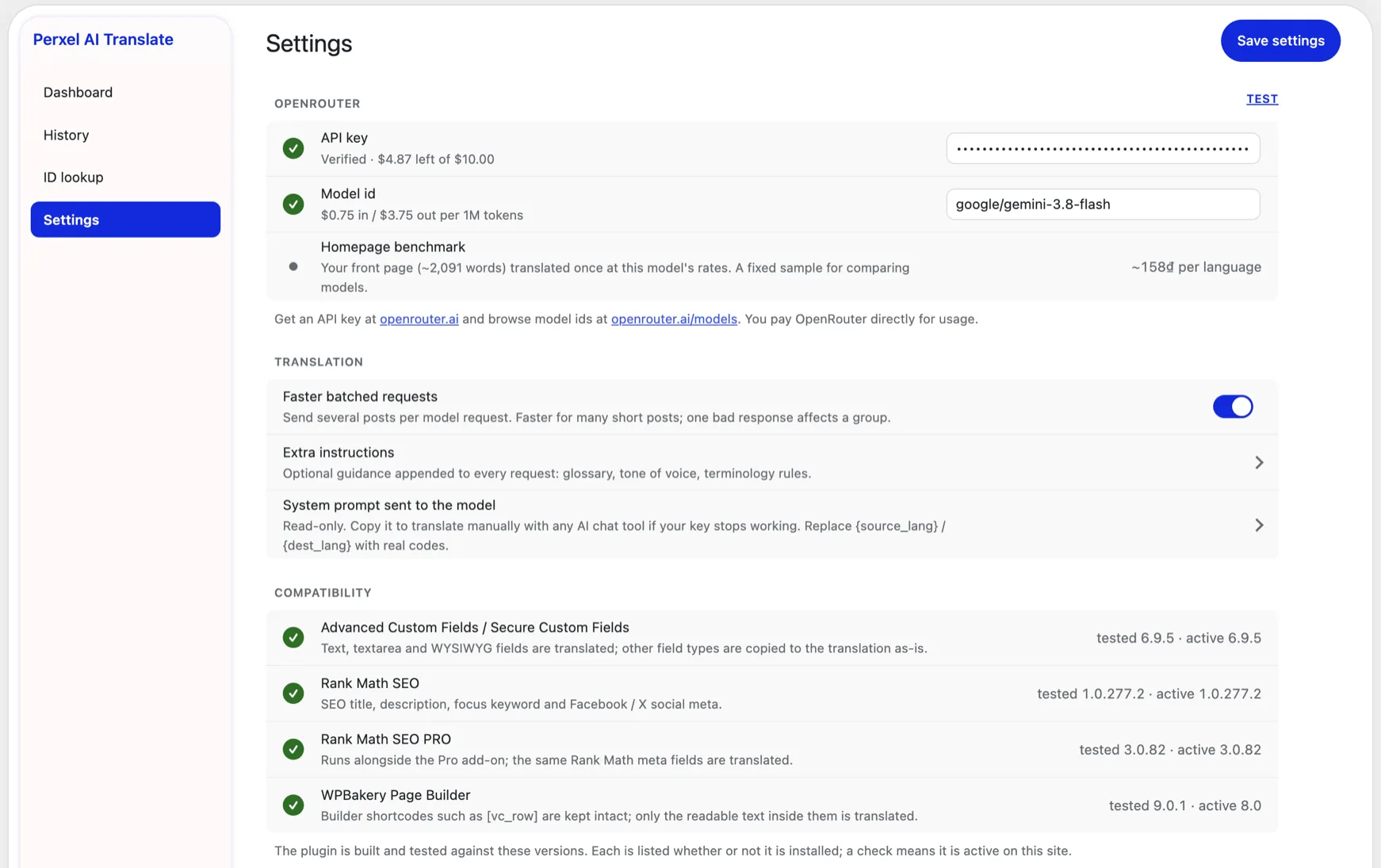 The Settings screen with API key, model, batching option and detected compatible plugins