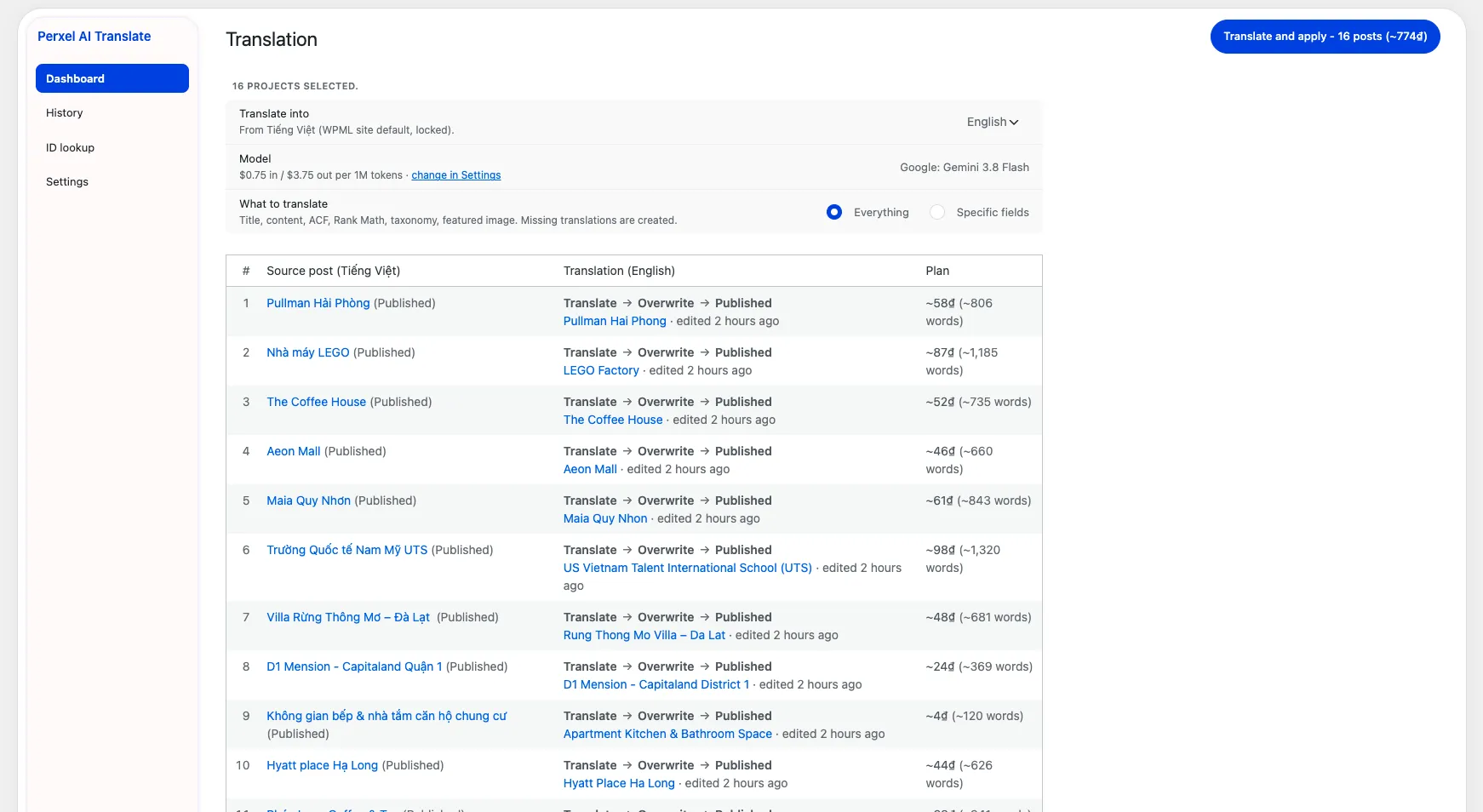 The Translation screen with target languages, model, scope and a cost estimate for each post