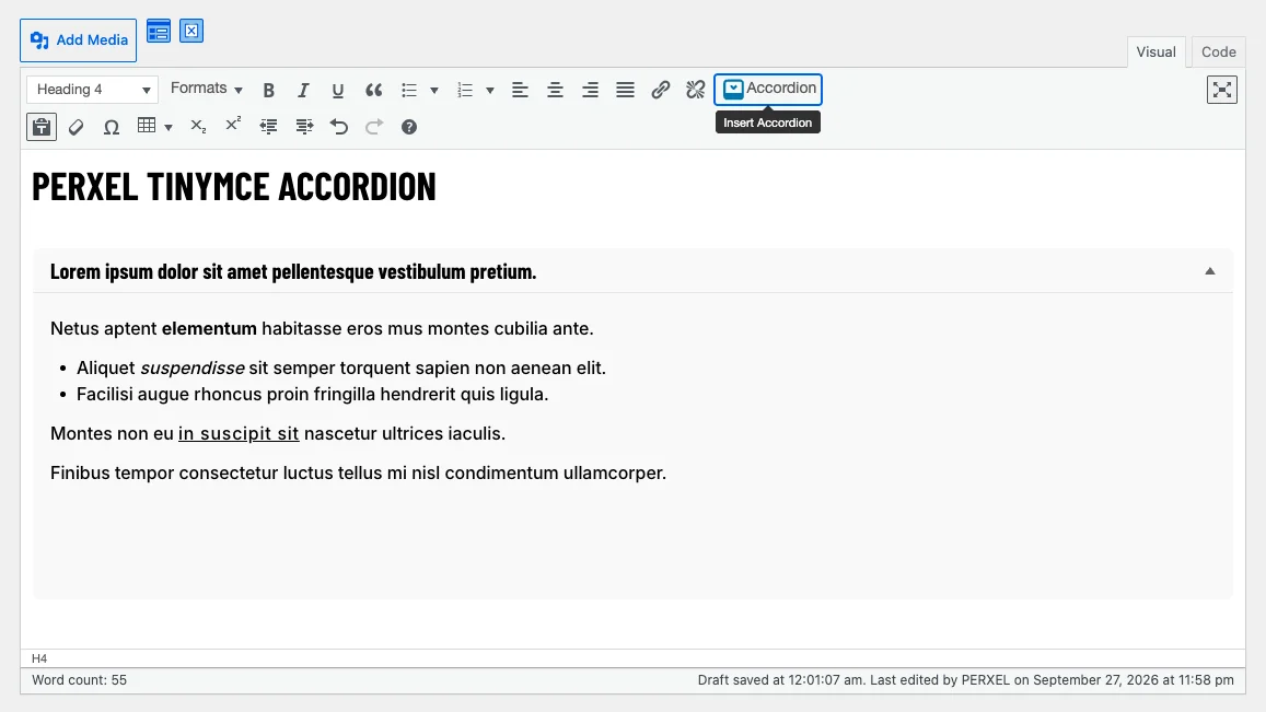 Nút Accordion trên thanh công cụ Classic Editor và bản xem trước trong tab Visual